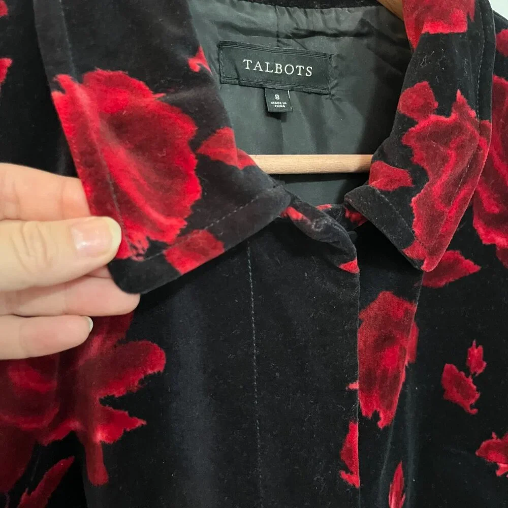 Talbots Sz 8 Black Velvet Lined Jacket Blazer Red Roses Button Up Pockets